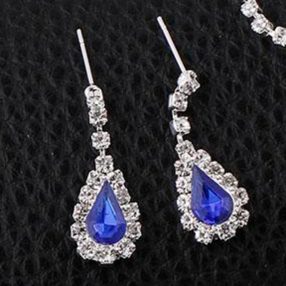 Royal Blue Teardrop Crystal Earrings And V Shape Pendant Bridal-Bridesmaid Set - Picture 2 of 9